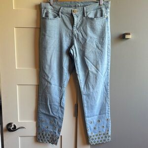 Lilly Pulitzer 14 South Ocean skinny crop jeans blue denim gold embroidery